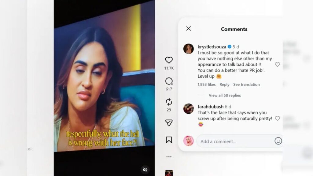 Krystle D'Souza's Instagram comment replying to a troll who criticized her look on The Traitors Season 2