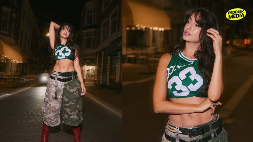 Nora Fatehi Street Fashion: Green Crop Top & Cargo Pants