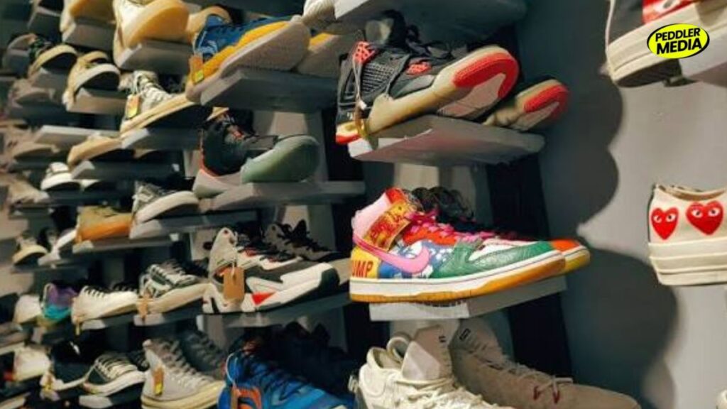 Sneaker store wall display Gurugram retail collection