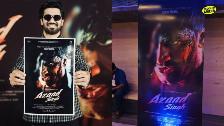 Aman Jaji holds the Azad Singh Haryanvi Movie poster at a promotional event