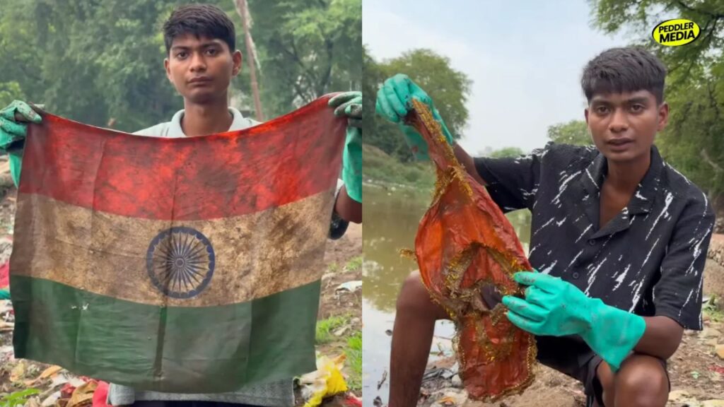 Bittu Tabahi holds a dirty Indian flag recovered while cleaning the polluted Ajnar River in Madhya Pradesh