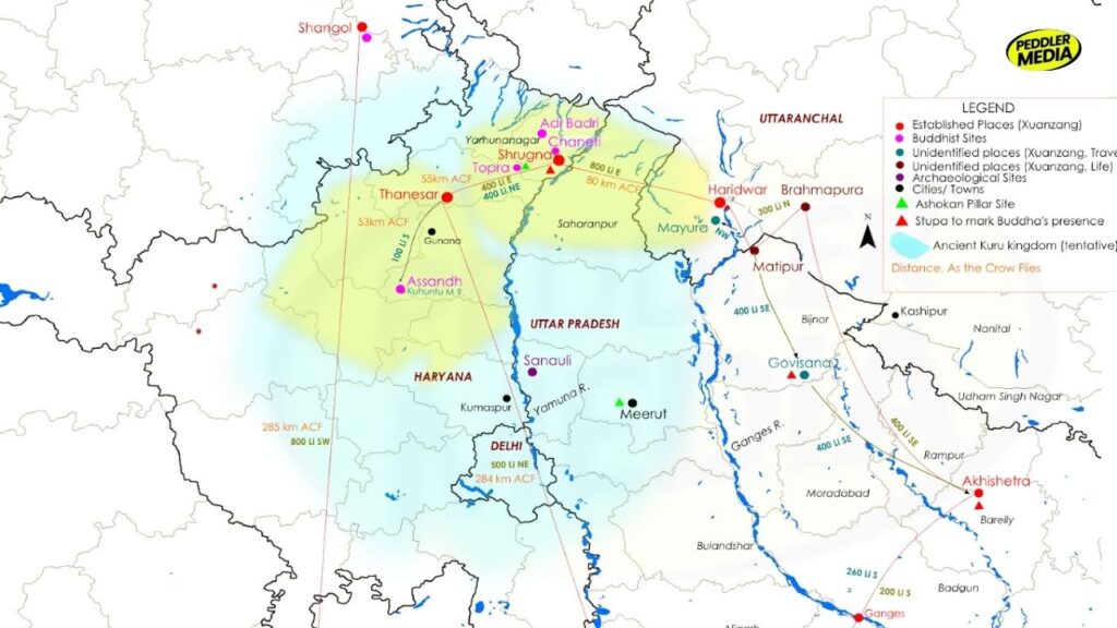 Map showing ancient Buddhist sites and the spread of Buddhism in Haryana and North India