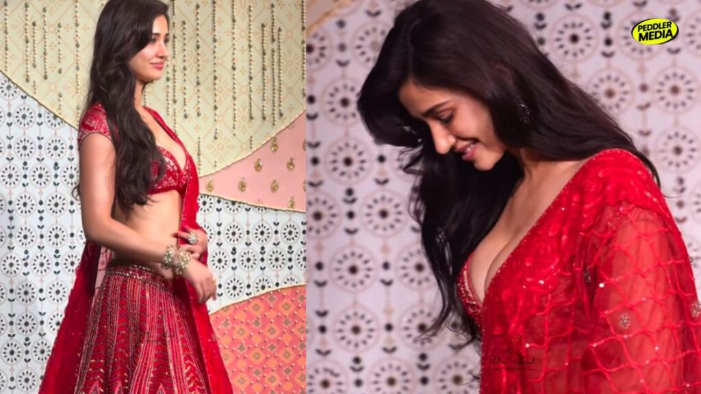Disha Patani Ganpati outfit in red lehenga with deep-neck blouse