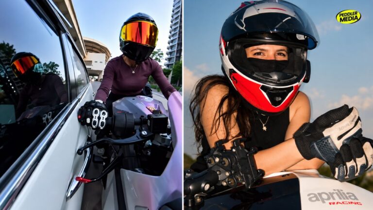 Gurugram biker Sia riding her Aprilia bike during a road rage incident