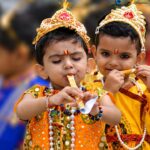 Children dressed as Krishna for Haryanvi Janmashtami rituals