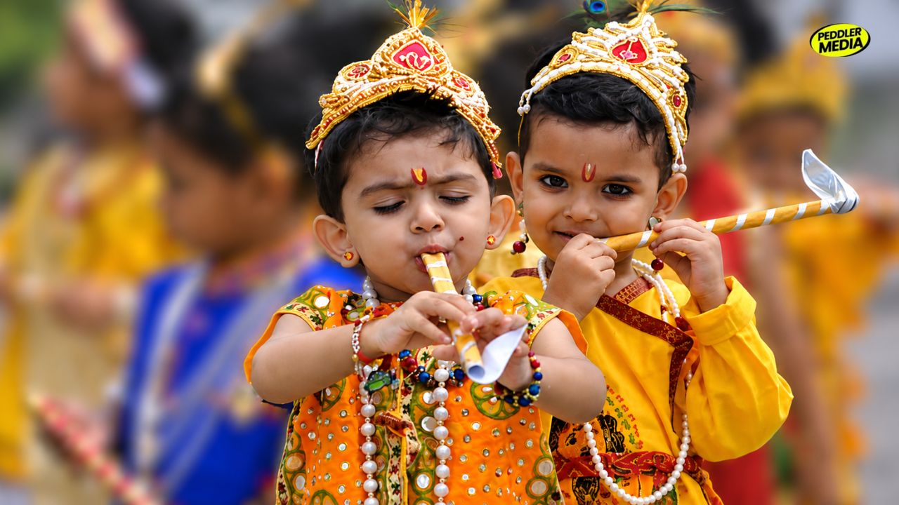 Children dressed as Krishna for Haryanvi Janmashtami rituals