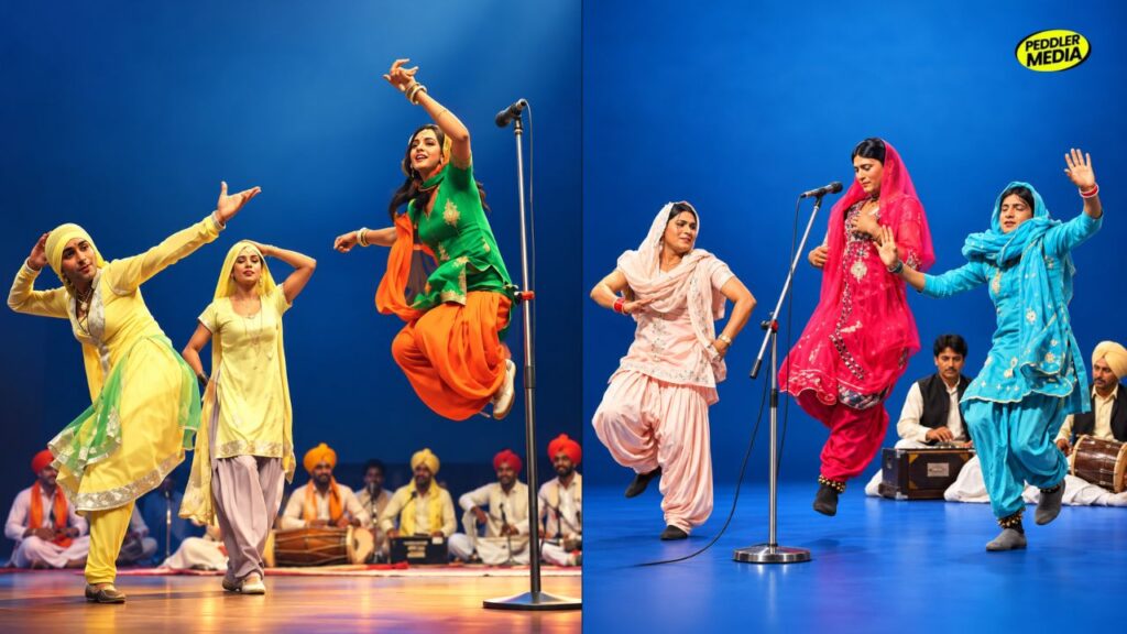 Artists performing energetic Haryanvi Saang dance on stage with traditional music systems in Haryana