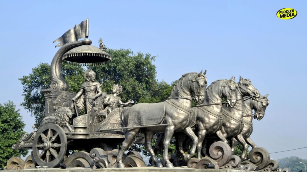 Krishna and Arjuna chariot statue representing Haryana’s Kurukshetra connection