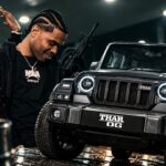 Mahindra Thar OG SUV combined with hip-hop artists in a stylized red and black pop culture banner