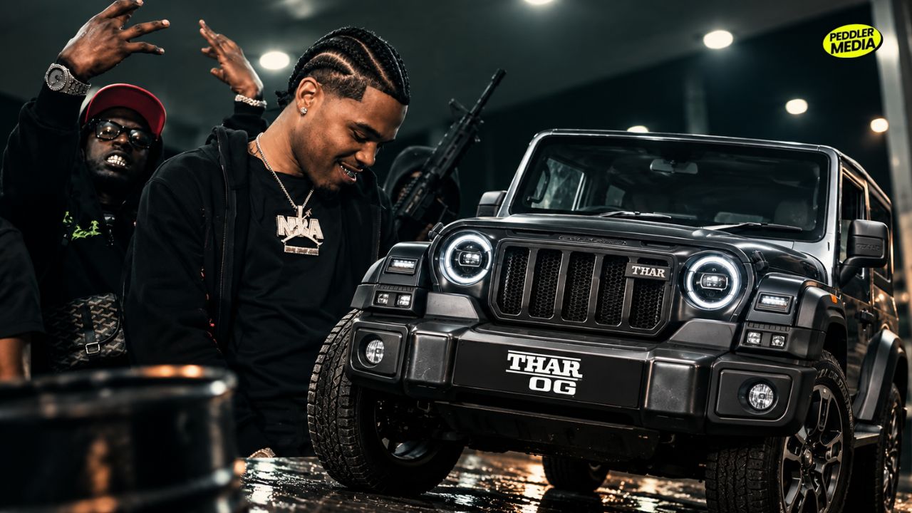 Mahindra Thar OG SUV combined with hip-hop artists in a stylized red and black pop culture banner