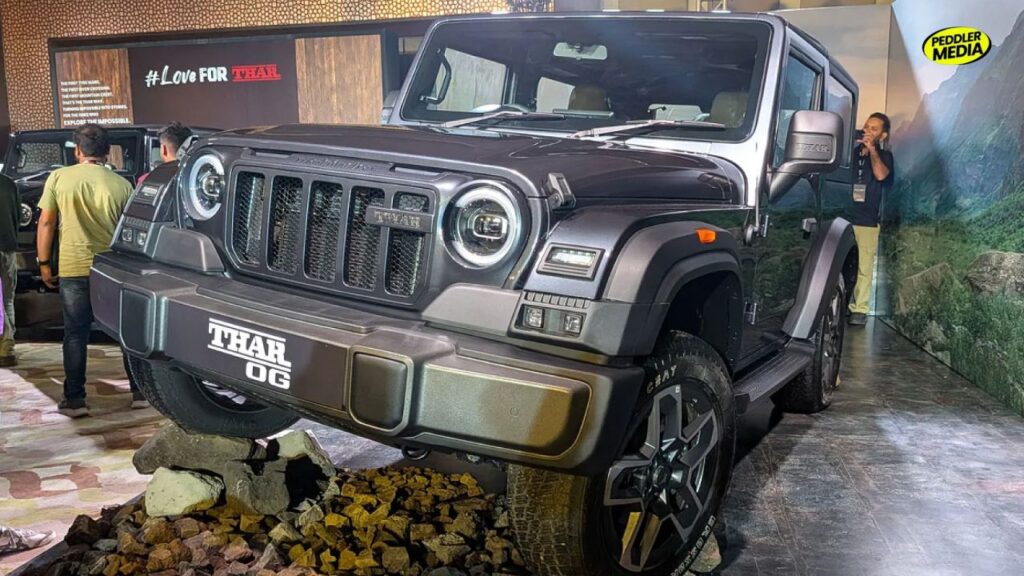 Mahindra Thar OG lifestyle SUV displayed on artificial rocks at a Peddler Media pop culture event launch