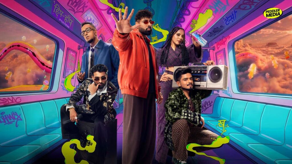 MTV Hustle 5 Apna Homeground official poster featuring Badshah and squad bosses in a vibrant graffiti-style metro train artwork