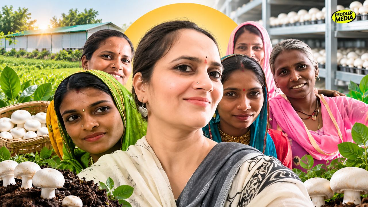 Mushroom Lady of Haryana Dr. Sonia Dahiya with rural women at a mushroom farm