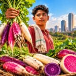 Nuh farmers holding a bunch of freshly harvested purple, pink, and white daikon radishes