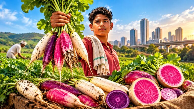 Nuh farmers holding a bunch of freshly harvested purple, pink, and white daikon radishes