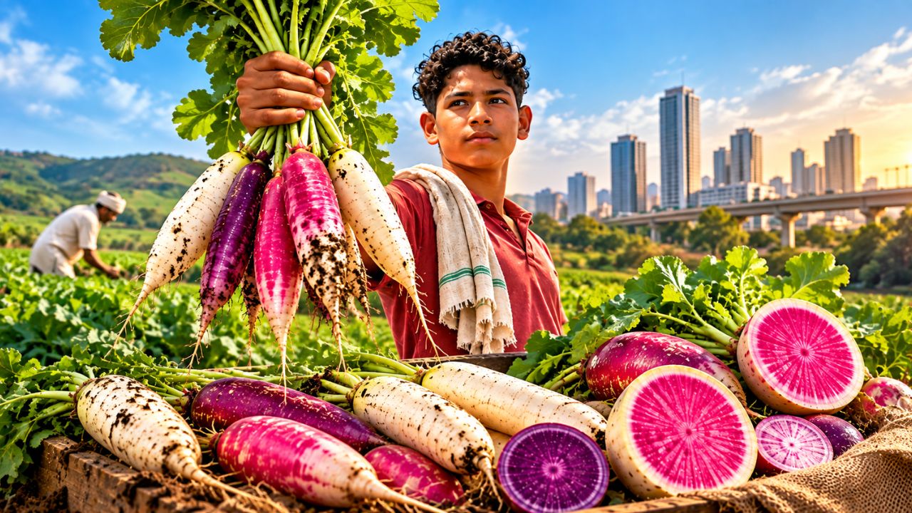 Nuh farmers holding a bunch of freshly harvested purple, pink, and white daikon radishes