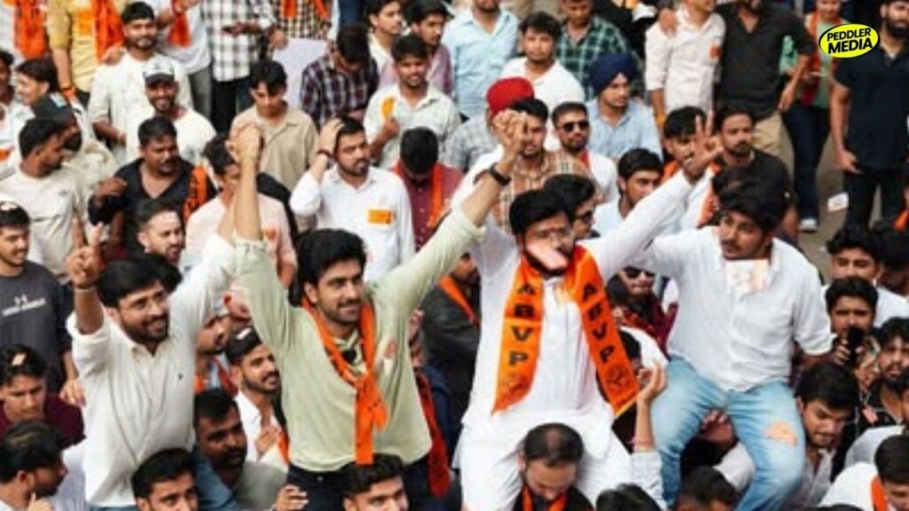 ABVP supporters celebrate Ankit Bidhan’s victory in PUCSC election