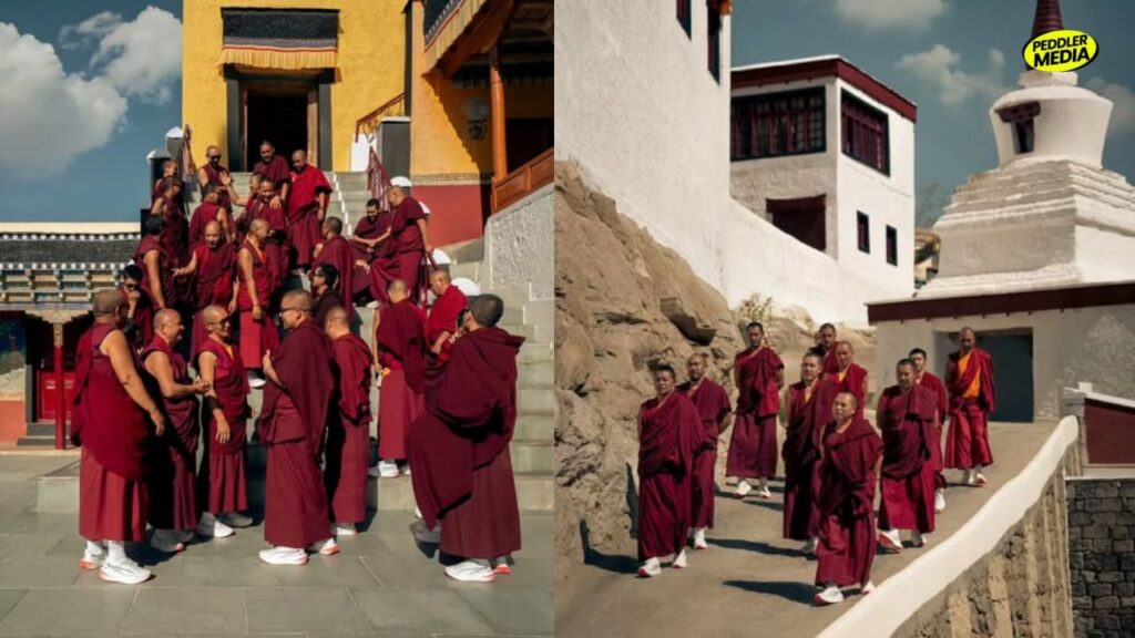 Group of Buddhist monks in maroon robes wearing PUMA sneakers gathered at Thiksey Monastery, Ladakh