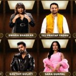 Official contestants lineup card of Rise and Fall Season 2 featuring stars like Karan Patel, Swara Bhaskar, Tej Pratap Yadav, and Priyanka Chahar Choudhary.