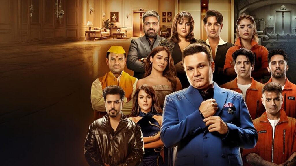 Official poster of Rise and Fall Season 2 showing host Virender Sehwag and the contestants list including Priyanka Choudhary, Gautam Gulati, Siwet Tomar, and Manish Kashyap.