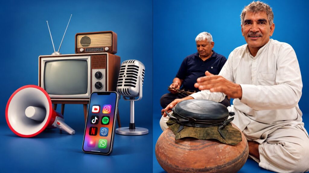 A comparison of modern media devices like smartphones and TV versus traditional Haryanvi Saang artists playing folk instruments