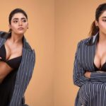 Actress Tanya Mishra looking bold in a blue striped pantsuit from her official Instagram account photos.