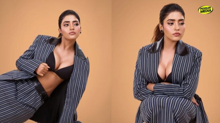 Actress Tanya Mishra looking bold in a blue striped pantsuit from her official Instagram account photos.