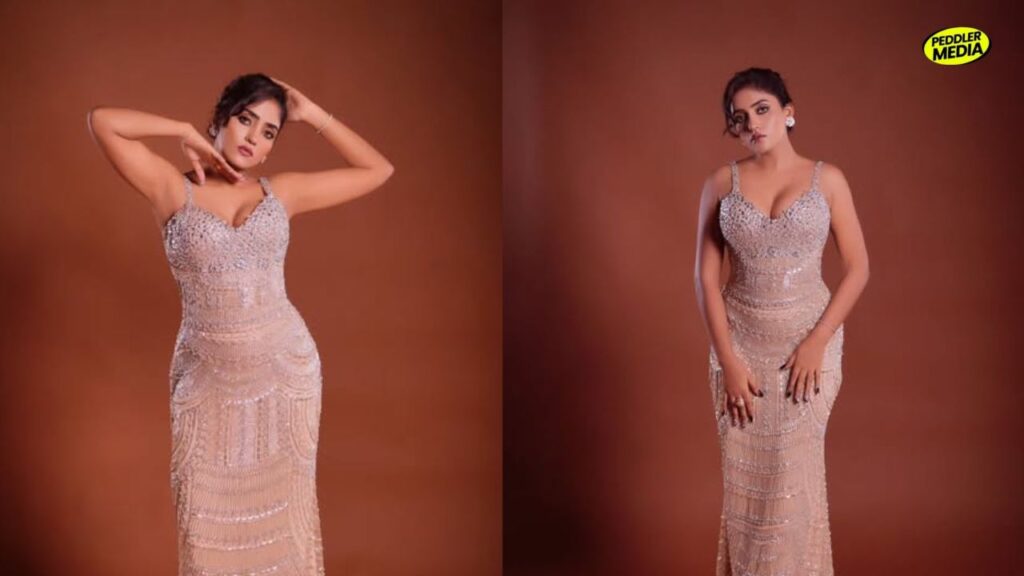 Actress Tanya Mishra posing in a sparkling embellished evening gown during a Peddler Media exclusive photoshoot