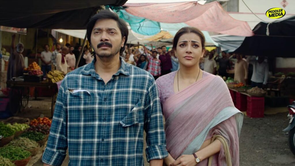 A scene from The India Story Movie featuring Shreyas Talpade and Kajal Aggarwal at a local vegetable market.