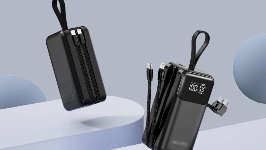An AGARO 65W fast charging power bank with built-in Type-C and Lightning cables and a digital display screen, shown as one of the best tools for home studio desk and outdoor shoots.
