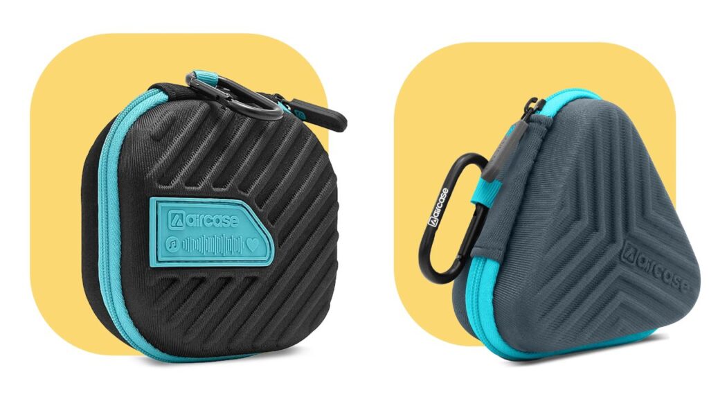 Two different shaped Aircase shockproof travel carrying cases with carabiner clips, listed as essential gear for content creators to protect cameras and microphones.
