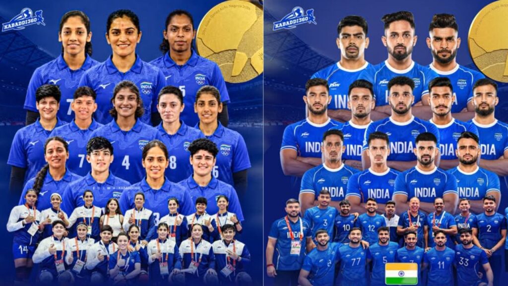 Indian Men and Women Kabaddi teams posing with their Asian Games 2026 Gold Medals featuring prominent players from Haryana
