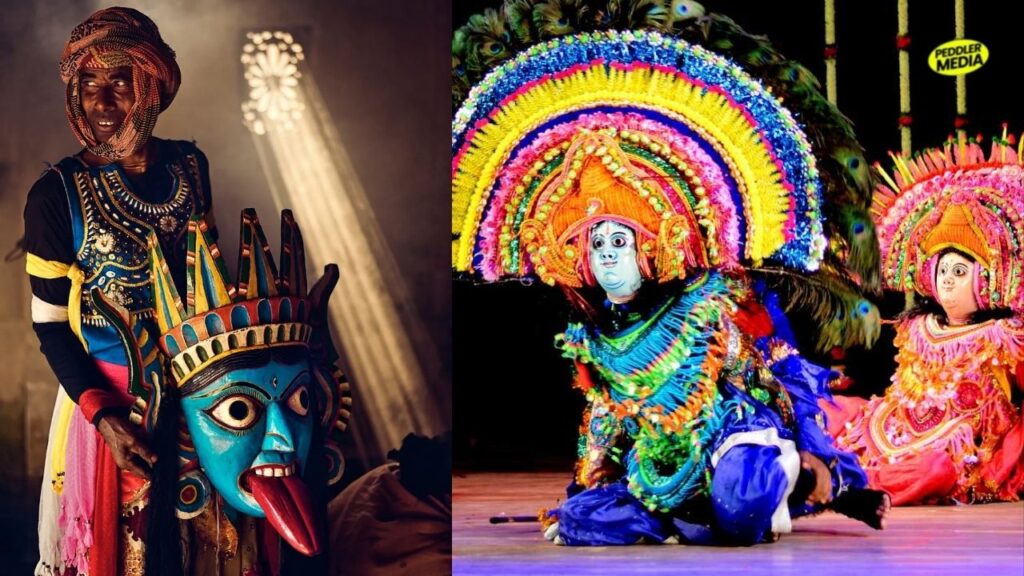 A side-by-side collage showing a traditional Chhau dance artist holding a fierce blue mask on the left, and performers in vibrant costumes on stage on the right, highlighting Bengali culture.