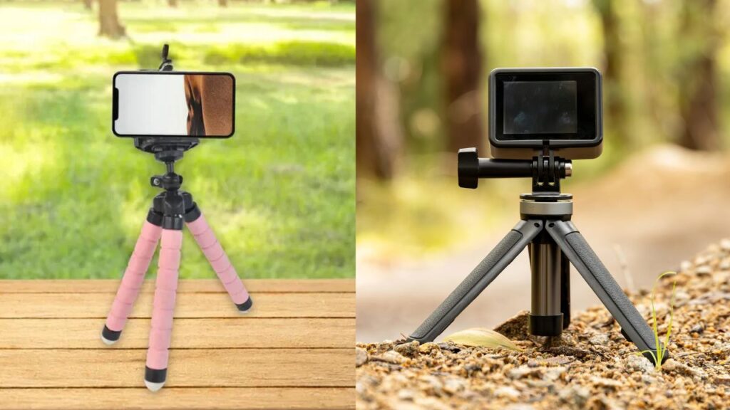 A side-by-side comparison of a flexible foam mini tripod with a smartphone and a sturdy compact tripod with an action camera, showing the best tools for vlogging setup.
