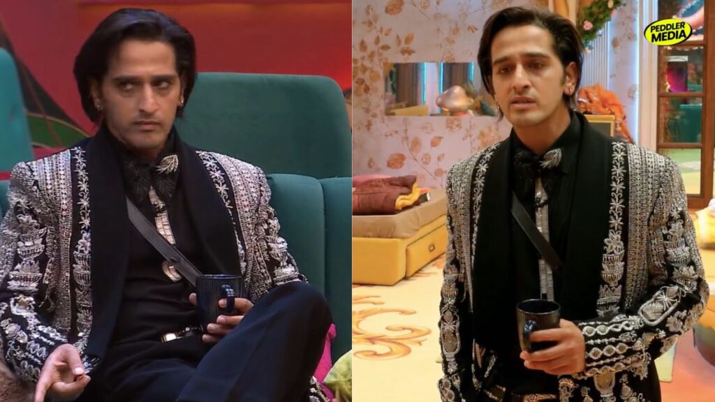 Bigg Boss latest episode contestant Qazi Touqeer looking sad on the left side and standing with a coffee mug on the right side.