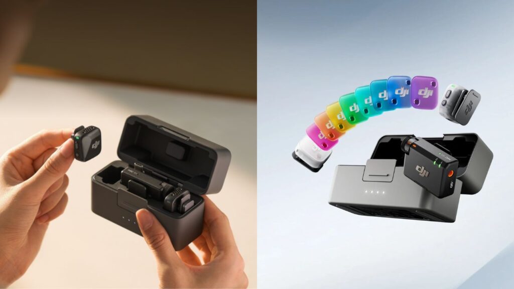 The DJI Mic Mini wireless microphone being taken out of its charging case next to a promotional graphic showing the colorful clip-on mic covers, perfect as the best tools for vlogging.
