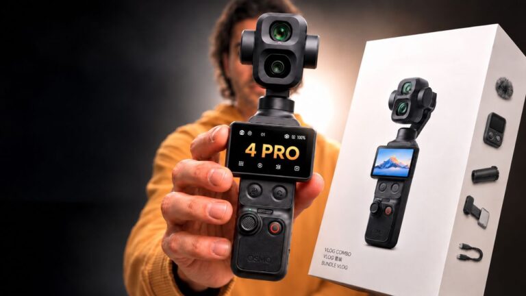 A person holding the new DJI Osmo Pocket 4 Pro camera next to its retail Vlog Combo box, showcasing the best tools for vlogging in 2026.
