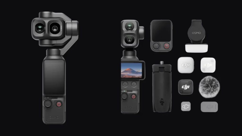 The complete DJI Osmo Pocket 4P Vlog Combo setup, showcasing the best pocket camera for youtube videos with its modular accessories and wireless mic components.
