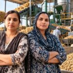 Sanjana and Sonika, the two Haryana women entrepreneurs, standing inside their parali bio-fuel pellet factory in Ghoranwali village, Sirsa.