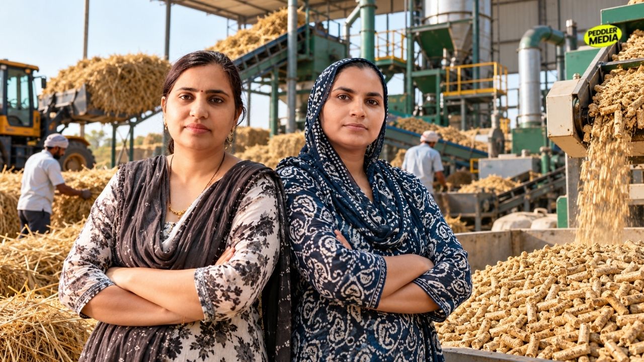 Sanjana and Sonika, the two Haryana women entrepreneurs, standing inside their parali bio-fuel pellet factory in Ghoranwali village, Sirsa.