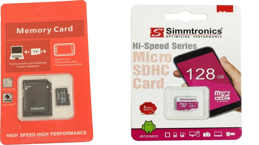 Two types of high-speed 128GB MicroSD memory cards in their retail packaging, shown as essential gear for content creators to store high-quality 4K videos.
