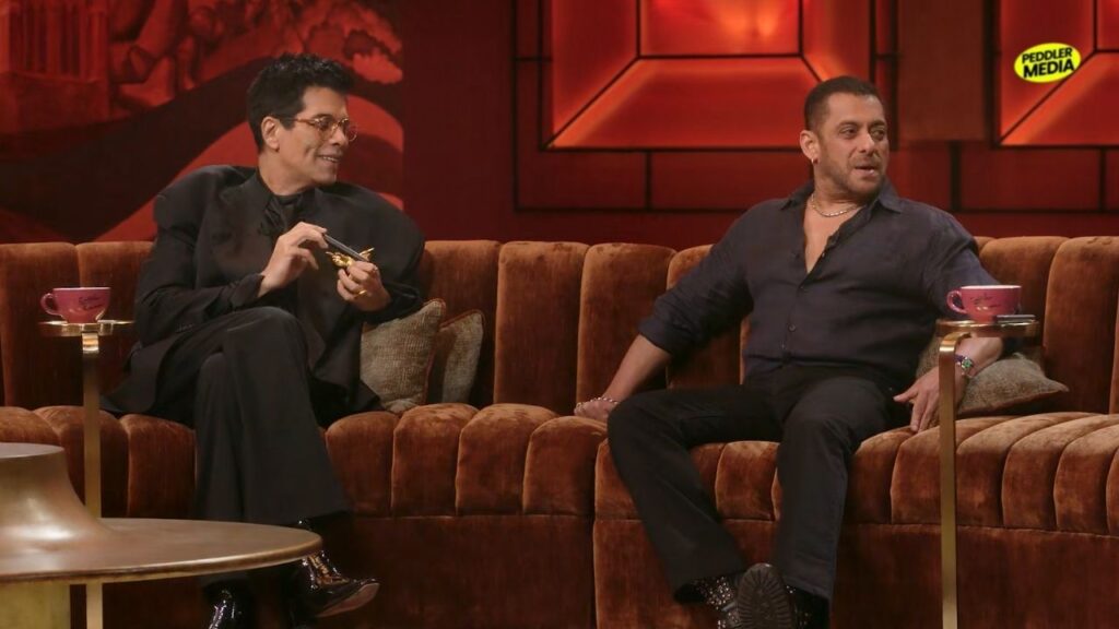 Karan Johar and Salman Khan sharing a laugh on the couch during Koffee With Karan Season 9 Episode 1 Salman Khan special