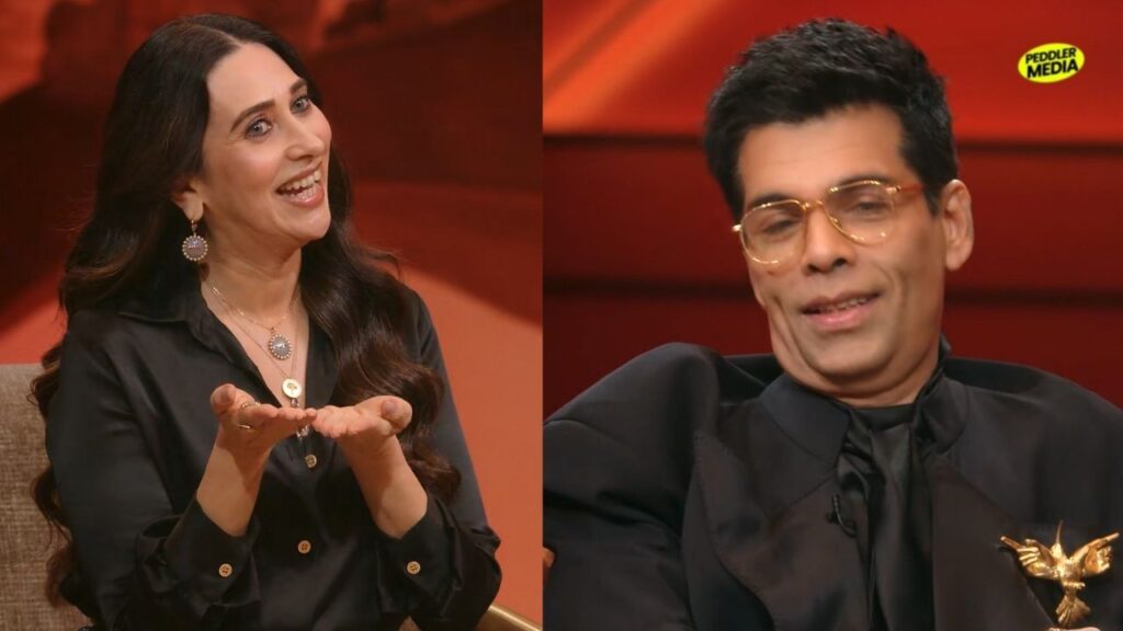 Karisma Kapoor playfully teasing about the viral Karan Johar Haryanvi song playlist on the couch