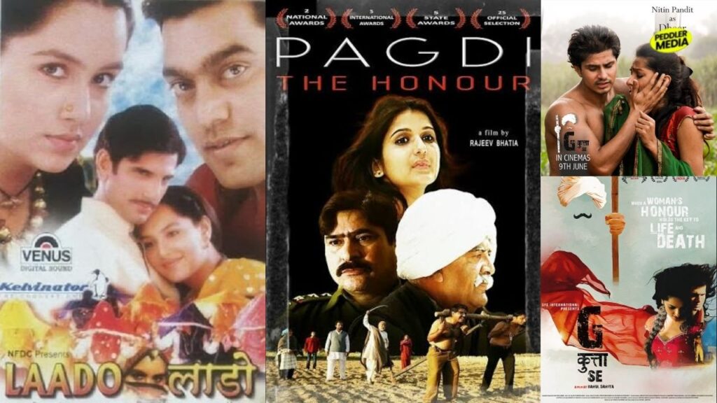 • Posters of Laado, Pagdi The Honour, and G Kutta Se showing Haryanvi movies theater release history by Peddler Media
