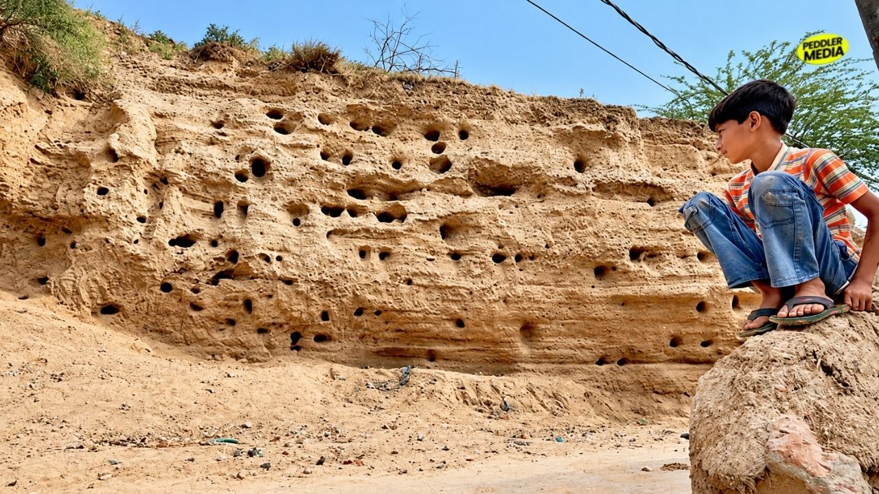 A young boy sitting on a rock wall looking directly at the ancient soil layers and excavation mounds of Rakhigarhi Haryana.
