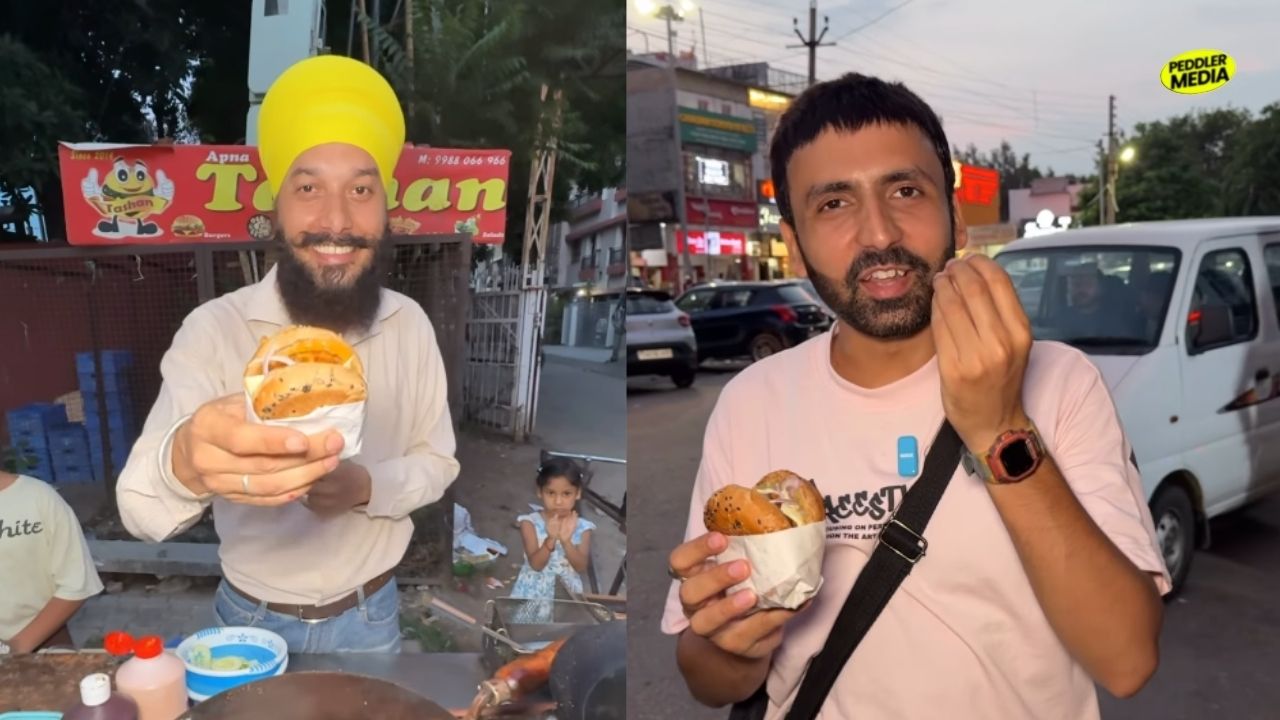 Panchkula vendor serving the Most Unique Pineapple Burger Of India at Tashan cart while food vlogger tries it.