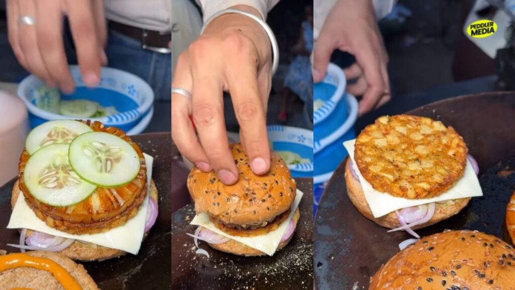 Step by step assembly lines of the Unique street food Pineapple Burger in India featuring cucumber slices and crispy tikki.