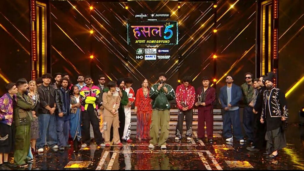 MTV Hustle 5 Apna Homeground grand finale stage with head judge Badshah, winner Dhadkan Rapper, runner up WhySoKai, and all contestants