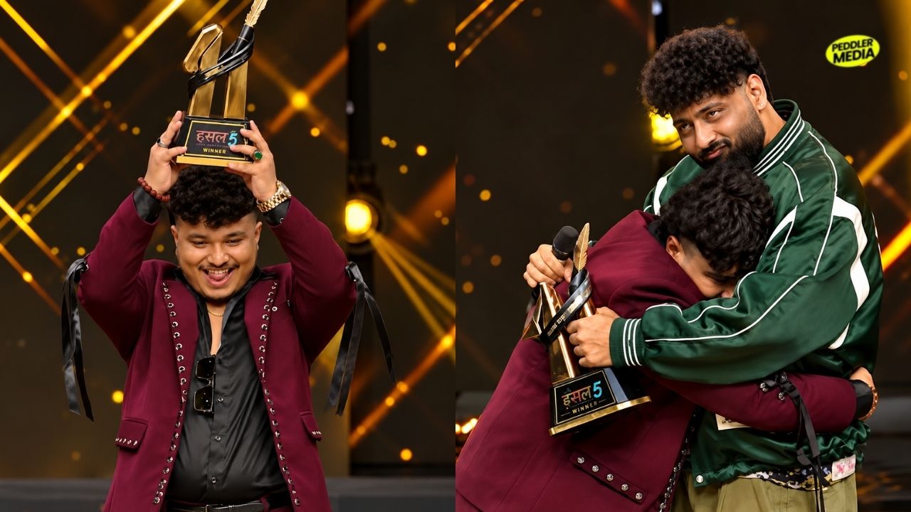 Dhadkan Rapper lifting MTV Hustle 5 winner trophy and getting an emotional hug from head judge Badshah on stage