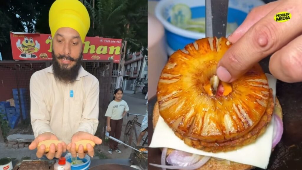 Close-up view of the caramelized fruit slice inside the Most Unique Pineapple Burger Of India served by a vendor in Panchkula.